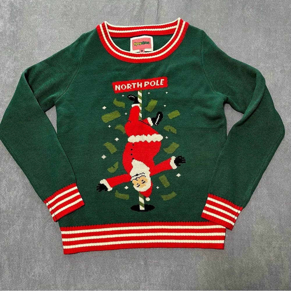Tipsy Elves North Pole Dancer Santa Claus Stripper Small Christmas Sweater Sz M
